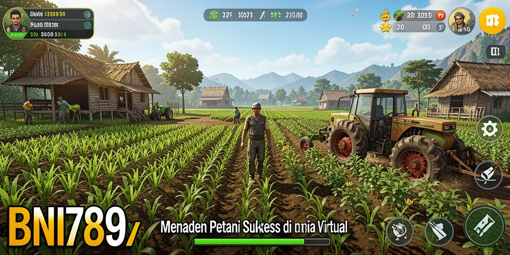 Screenshot gameplay BNI789 menampilkan petani merawat tanamannya.