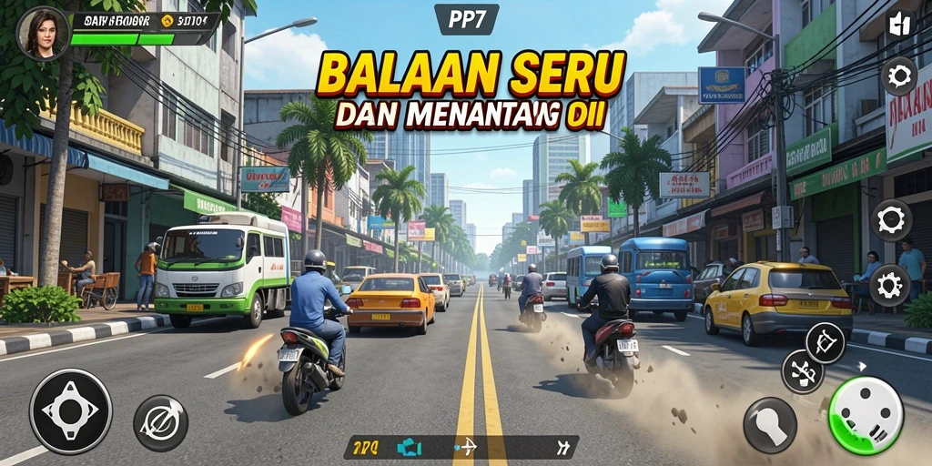 Tangkapan layar utama PP7 menunjukkan aksi balap yang mendebarkan.